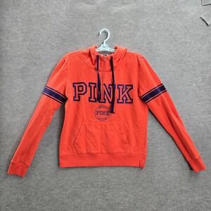 Victoria's Secret PINK Women Hoodie M Orange Fleece Logo Stripe Long Sleeve